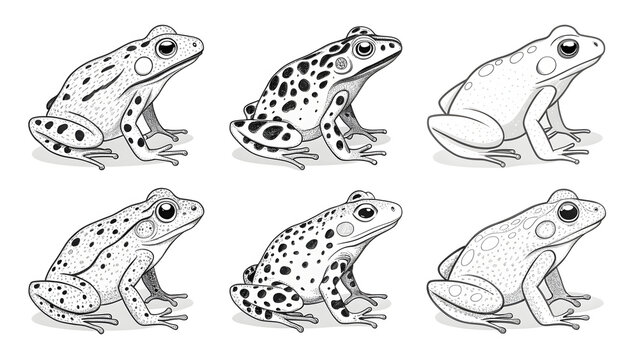 Set of six hand drawn frog illustrations in black and white ink sketch style.