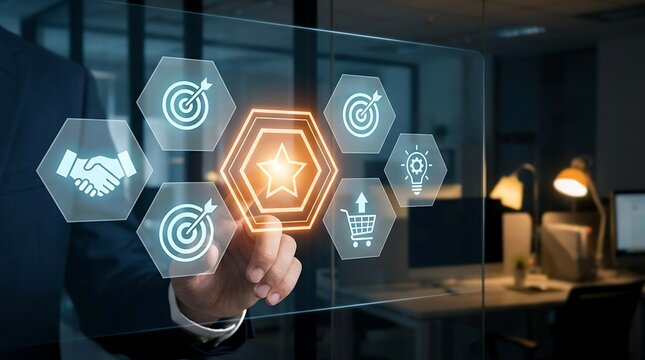 A business person interacting with a glowing digital interface featuring hexagonal for target, handshake, lightbulb, and shopping cart symbols