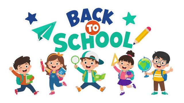 Back to School Cartoon Animation with Happy Children, Books and School Supplies, Education Motion Graphic