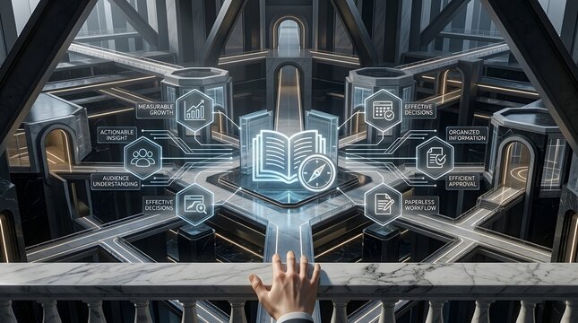 Human hand observes a futuristic digital platform, illustrating strategic business processes for measurable growth, actionable insights, and effective decision-making.