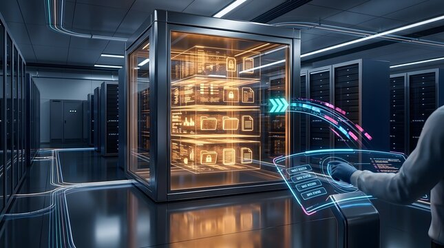 IT professional interacts with a holographic interface, managing secure data within a modern cloud server room, symbolizing future technology and cybersecurity solutions.