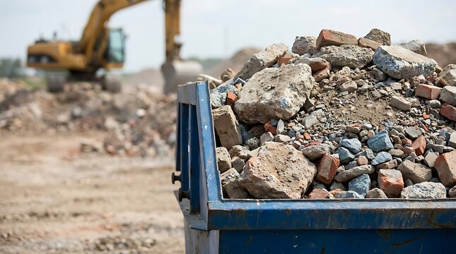 A blue metal dumpster filled with broken bricks and concrete rubble at a construction site with a yellow excavator in the blurred background