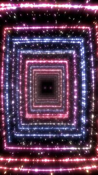 Abstract glowing square tunnel light in dark space with pink and blue sparkle, neon pattern, deep perspective, luminous corridor