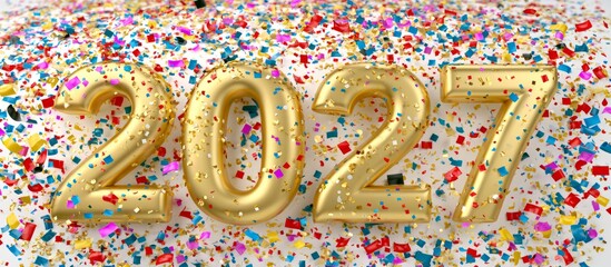 Obraz premium Golden 2027 numbers with colorful new year confetti, banner