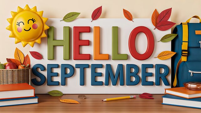 Hello september design with colorful autumn leaves, books, sun and seasonal school decoration