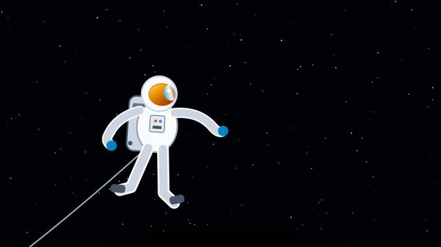 Animated Astronaut Floating in Deep Space Tethered to Exploration Vessel in Minimalist Flat Vector Style for Science Fiction Visuals