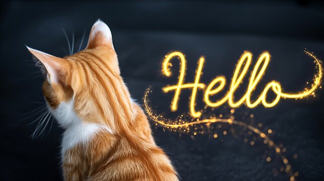 Friendly orange cat with glowing hello greeting text on a dark background