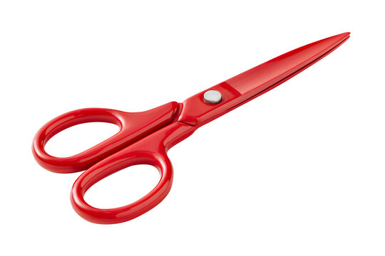Hair-cutting red stainless steel scissor plastic isolated on cutout PNG or transparent. Polished metallic finish premium craftsmanship against. Professional hairstyling tools. Product presentation.