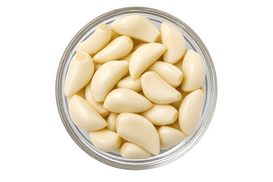 Peeled Raw Garlic Cloves in Glass Bowl on Transparent Background 