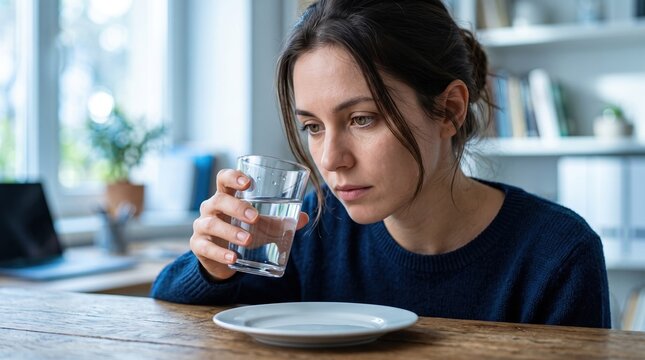 A pensive woman holding a glass of water while sitting at an empty table