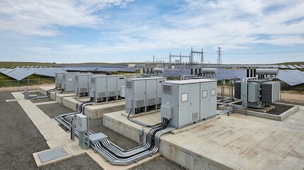 Fototapeta premium Solar Power Plant with Energy Storage System and Electrical Substation.