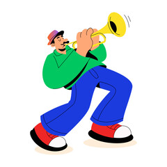 Animated trumpet player performing a bright brass melody in a leaning pose. © creativestall