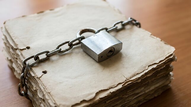 Stack of old vintage paper pages bound together with a heavy metal chain and a locked silver padlock on a wooden surface representing security