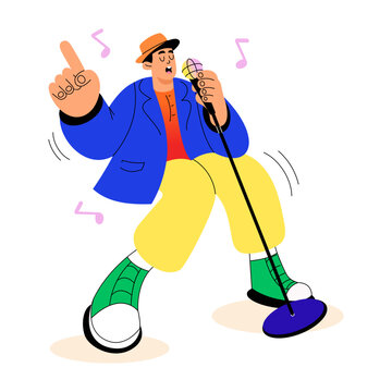Cheerful vocalist singing into a standing microphone with expressive gestures.