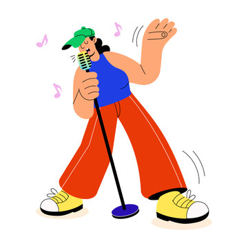 Stylish vocalist singing jazz into a handheld microphone with expressive movement.