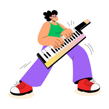 Standing performer playing a portable keytar with an energetic posture.