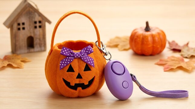 Small orange pumpkin bucket with a purple polka dot bow and a purple personal safety alarm keychain on a wooden table with autumn leaves