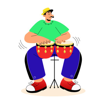 Standing percussionist performing rhythmic beats on two small bongo drums.