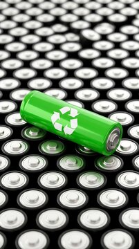 Single green battery with a white recycling symbol placed on a large group of identical batteries arranged in a grid pattern background
