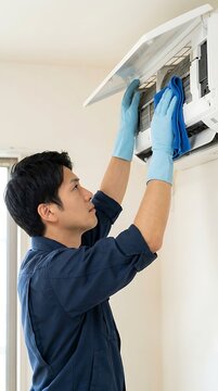 Service technician wearing blue uniform and protective gloves cleaning an air conditioning unit with a blue microfiber cloth in a room