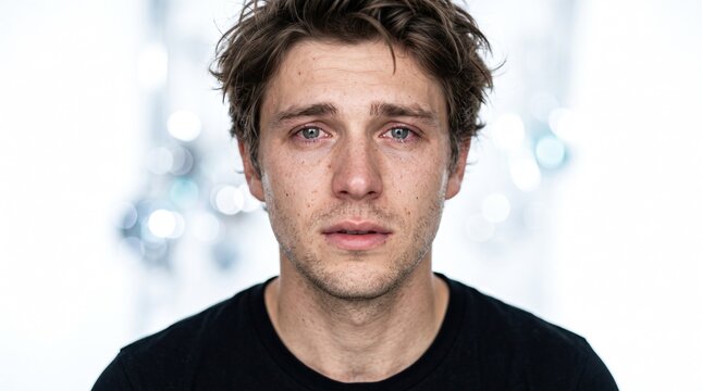 Portrait of a young man crying and expressing deep emotional pain and vulnerability