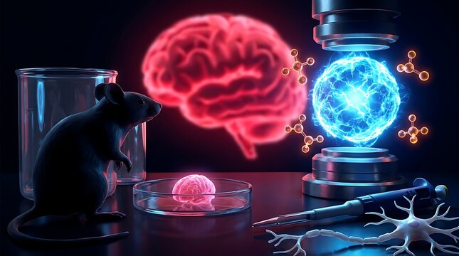 Scientific experiment with a laboratory mouse, a petri dish containing a brain sample, and a glowing neural network model on a dark background