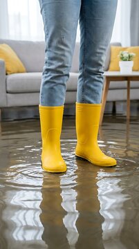 Person wearing bright yellow rubber boots standing in a flooded indoor living room with water covering the floor and a blurred sofa background