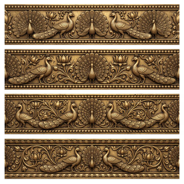 Traditional carved architectural borders with floral motifs, bird-like figures, pointed botanical forms, and scrolling foliage