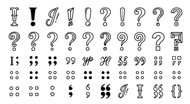 Comprehensive collection of typography punctuation marks including quotes brackets and grammatical symbols in a clean black and white outline vector set isolated on a white background for design