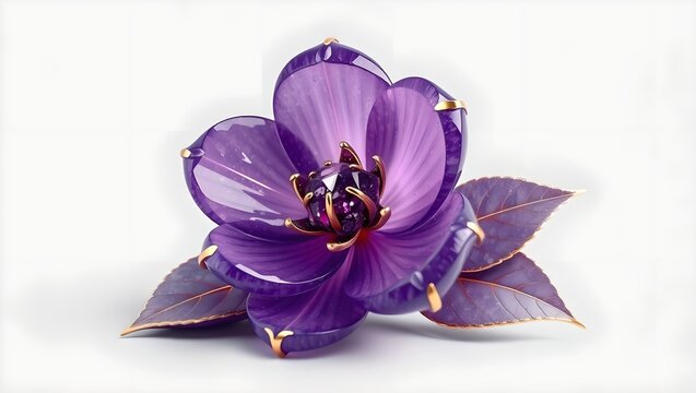 Amethyst Crystal Flower with Gold Veins Isolated on Light Gray Background