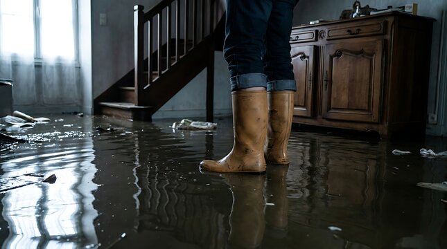 Person standing in rubber boots inside a flooded house with water covering the floor and a wooden staircase and furniture in the background