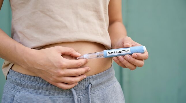 Person holding a glp-1 injection pen against their abdomen to administer medication for weight management or diabetes treatment at home