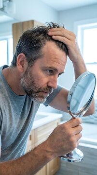Middle aged man with a beard looking at his hair in a small handheld mirror while touching his head in a bright bathroom setting at home