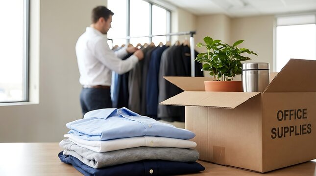 Man in white shirt organizing clothes on a rack next to a cardboard box labeled office supplies with a small potted plant and metal thermos