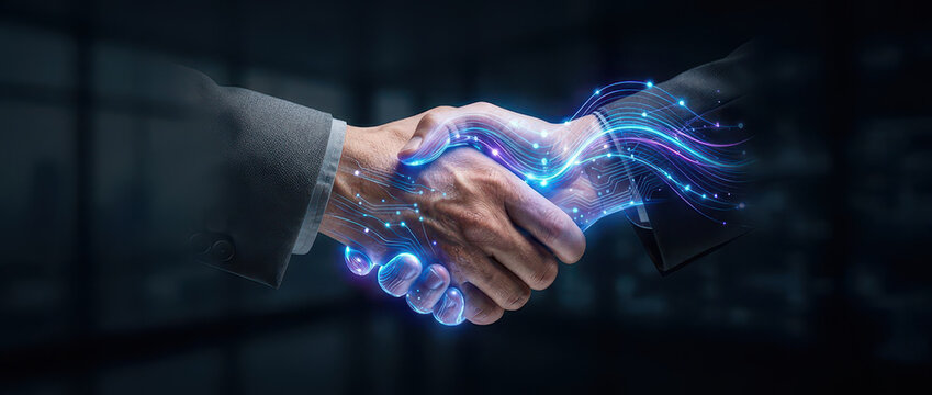 Human and AI collaboration concept with digital handshake glowing in blue light symbolizing futuristic technology and partnership in innovation and progress