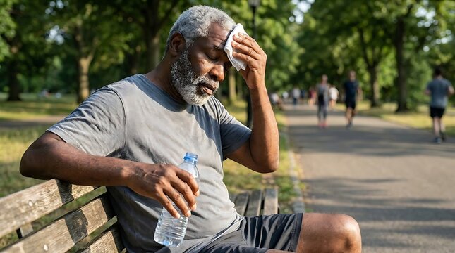 Man with gray hair and beard wiping sweat from his forehead with a white towel while sitting on a park bench with a water bottle
