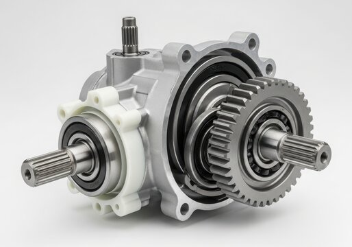 Close-up of mechanical differential gear assembly isolated on white background