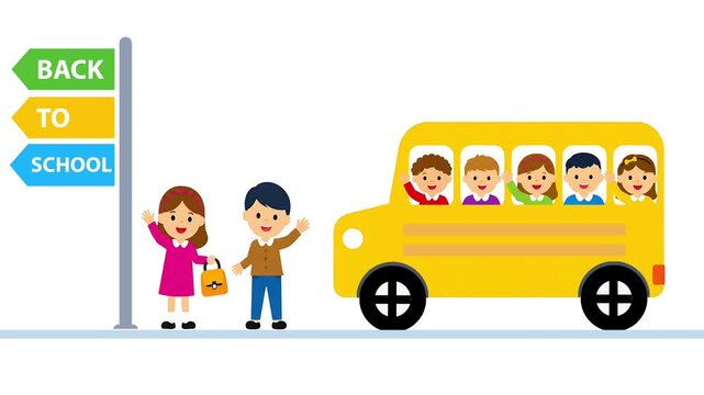Back to School Animation with Children Waiting for Yellow School Bus, Education Transportation Motion Graphic