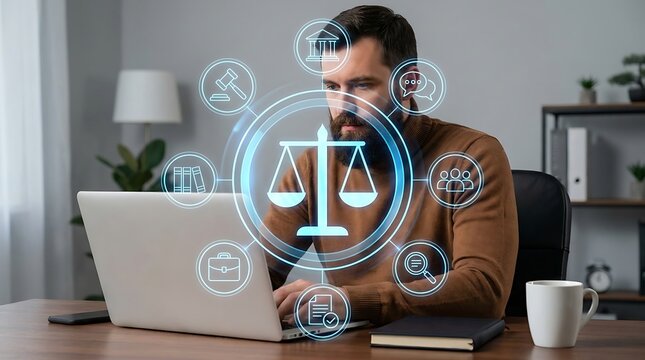Lawyer sitting at a desk with a laptop and a digital hologram of legal including a scale of justice and gavel for legal services