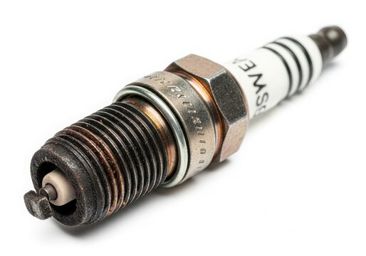 Spark plug close-up with metallic threads isolated on white background