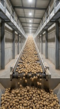 Large quantity of raw brown potatoes moving along a long industrial conveyor belt inside a warehouse facility with bright overhead lighting