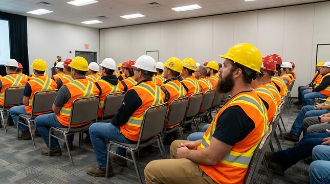 Large group of construction workers wearing orange safety vests and yellow hard hats sitting in rows in a conference room during a meeting