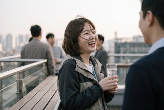 Generative AI, Woman laughing at rooftop networking event