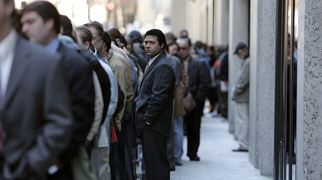 Persistent lines of job seekers, many unemployed due to economic hardships characterized by substantial layoffs and escalating unemployment figures, formed during a tough period