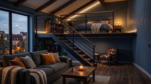 Stylish urban loft featuring a cozy living area and mezzanine bedroom with warm evening lighting.
