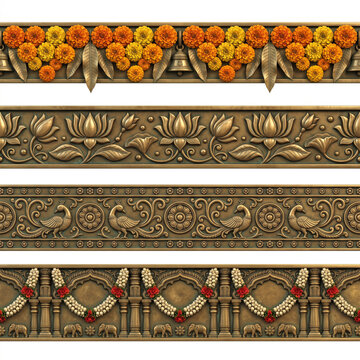 Traditional decorative borders with marigold flowers, floral garlands, carved foliage, and hanging ornamental details