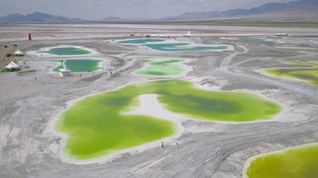 Aerial View of Dachaidan Emerald Lake: Colorful Salt Ponds, White Mineral Crust and Desert Landform in Qinghai