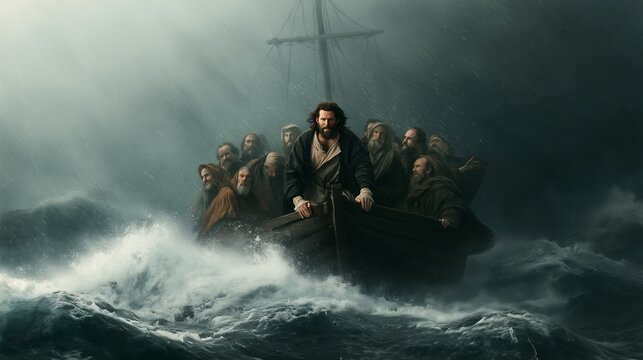 Jesus Christ leads a group of men on a boat at sea during a storm in ancient times