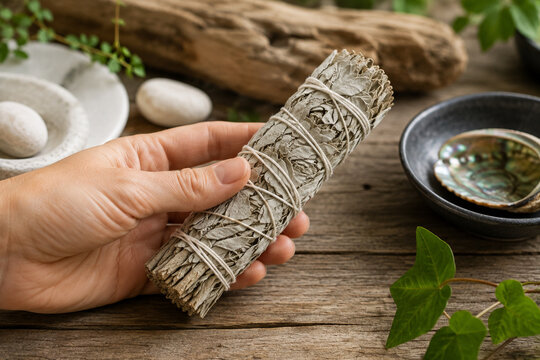 Hand holding a bundle of Dried sage for Smudging