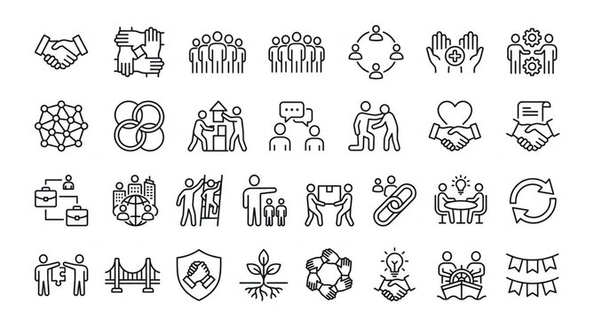 Teamwork and Collaboration Outline Icon Set with Partnership Cooperation Unity and Business Connection Vector